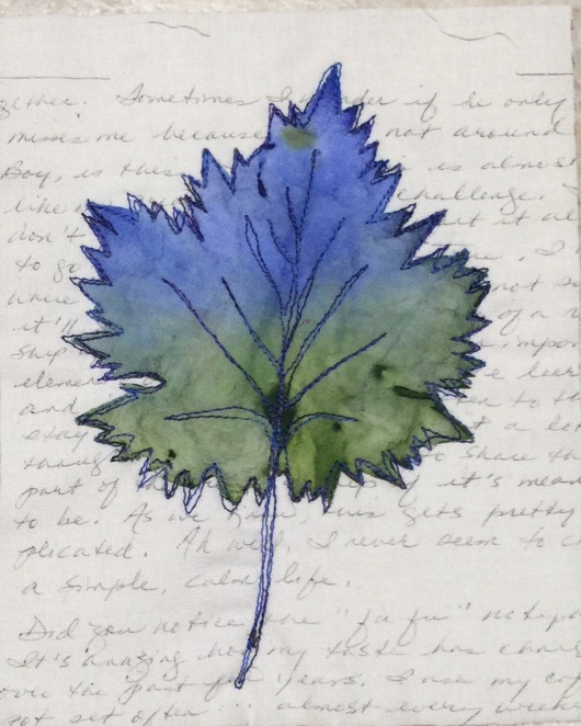 Blue grape leaf with script background